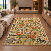 safari alphabet number trail rug displayed in a living room with a fireplace