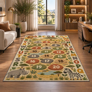 safari alphabet number trail rug displayed in a lounge with wooden shelves