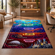 colorful ocean depth zones rug displayed in a living room with wooden shelves