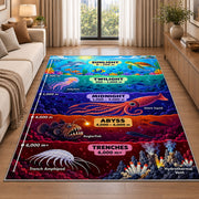 colorful ocean depth zones rug displayed in a sunlit lounge beside a sofa