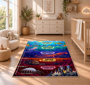 colorful ocean depth zones rug displayed in a nursery beside a crib