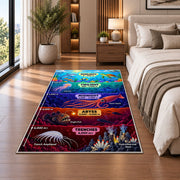 colorful ocean depth zones rug displayed in a bedroom beside the bed