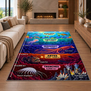 colorful ocean depth zones rug displayed in a living room with a fireplace