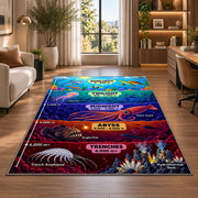 colorful ocean depth zones rug displayed in a lounge with wooden shelves