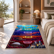 colorful ocean depth zones rug displayed in a bedroom in sunlight