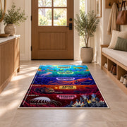 colorful ocean depth zones rug displayed in a entryway beside a wooden door