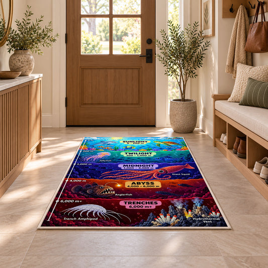 colorful ocean depth zones rug displayed in a entryway beside a wooden door