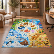 animal habitat matching discovery chart rug displayed in a living room with wooden shelves