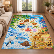 animal habitat matching discovery chart rug displayed in a sunlit lounge beside a sofa