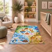 animal habitat matching discovery chart rug displayed in a nursery beside an upholstered chair