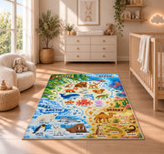 animal habitat matching discovery chart rug displayed in a nursery beside a crib