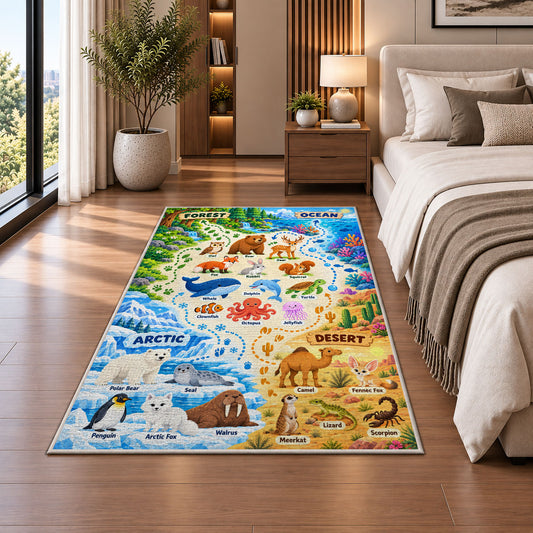 animal habitat matching discovery chart rug displayed in a bedroom beside the bed