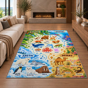animal habitat matching discovery chart rug displayed in a living room with a fireplace