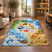 animal habitat matching discovery chart rug displayed in a lounge with wooden shelves