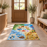 animal habitat matching discovery chart rug displayed in a entryway beside a wooden door