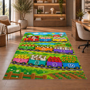 farm train counting adventure rug displayed in a living room with wooden shelves