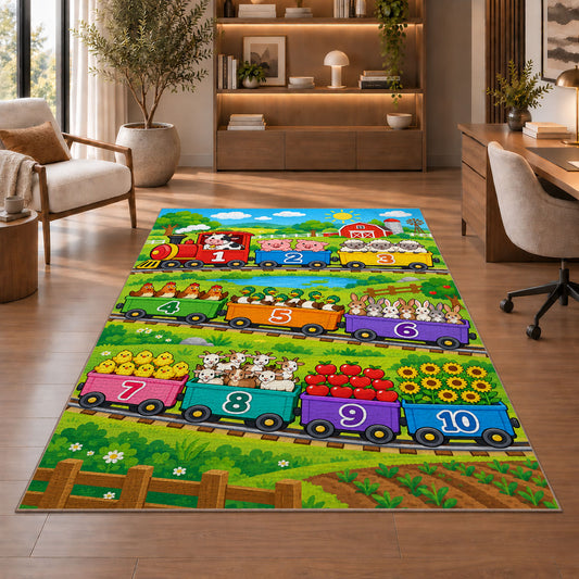 farm train counting adventure rug displayed in a living room with wooden shelves