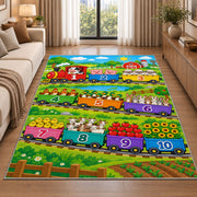 farm train counting adventure rug displayed in a sunlit lounge beside a sofa