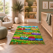 farm train counting adventure rug displayed in a nursery beside an upholstered chair