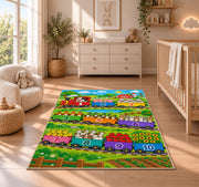 farm train counting adventure rug displayed in a nursery beside a crib