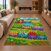 farm train counting adventure rug displayed in a living room with a fireplace