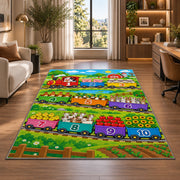 farm train counting adventure rug displayed in a lounge with wooden shelves
