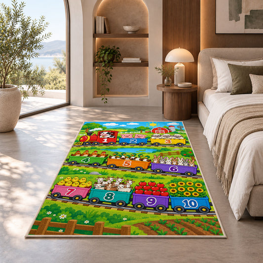 farm train counting adventure rug displayed in a bedroom in sunlight