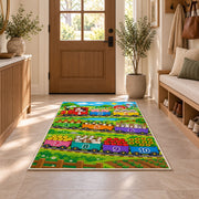 farm train counting adventure rug displayed in a entryway beside a wooden door