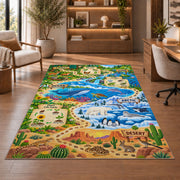 wildlife habitat nature adventure map rug displayed in a living room with wooden shelves