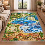 wildlife habitat nature adventure map rug displayed in a sunlit lounge beside a sofa