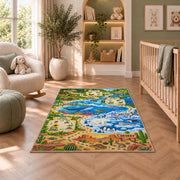 wildlife habitat nature adventure map rug displayed in a nursery beside an upholstered chair