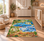 wildlife habitat nature adventure map rug displayed in a nursery beside a crib