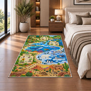 wildlife habitat nature adventure map rug displayed in a bedroom beside the bed