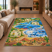 wildlife habitat nature adventure map rug displayed in a living room with a fireplace
