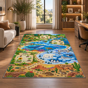 wildlife habitat nature adventure map rug displayed in a lounge with wooden shelves