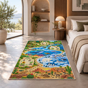 wildlife habitat nature adventure map rug displayed in a bedroom in sunlight
