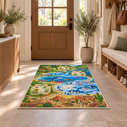 wildlife habitat nature adventure map rug displayed in a entryway beside a wooden door