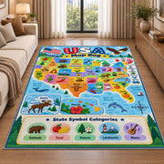 usa state symbols learning map rug displayed in a sunlit lounge beside a sofa