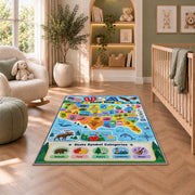 usa state symbols learning map rug displayed in a nursery beside an upholstered chair