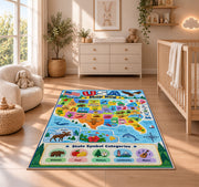 usa state symbols learning map rug displayed in a nursery beside a crib