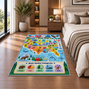 usa state symbols learning map rug displayed in a bedroom beside the bed