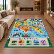 usa state symbols learning map rug displayed in a living room with a fireplace