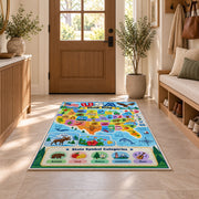 usa state symbols learning map rug displayed in a entryway beside a wooden door