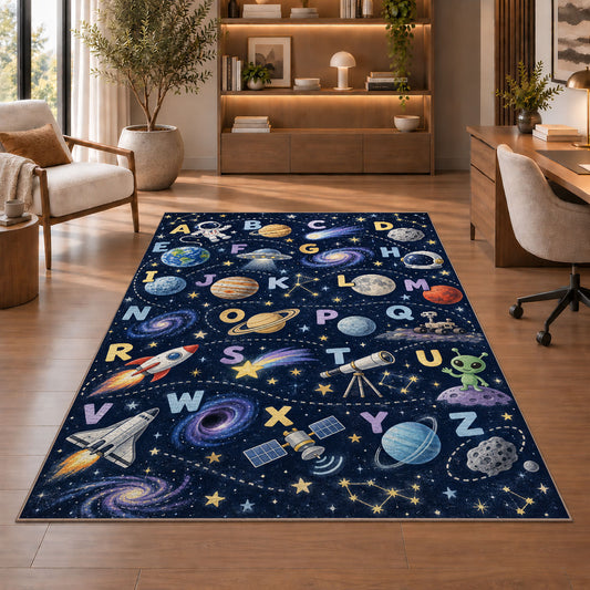space alphabet adventure rug displayed in a living room with wooden shelves