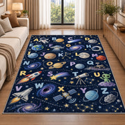 space alphabet adventure rug displayed in a sunlit lounge beside a sofa
