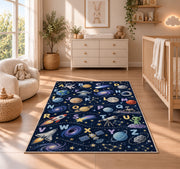 space alphabet adventure rug displayed in a nursery beside a crib