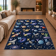 space alphabet adventure rug displayed in a living room with a fireplace