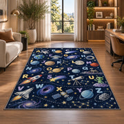 space alphabet adventure rug displayed in a lounge with wooden shelves