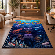 underwater ocean explorer rug displayed in a living room with wooden shelves