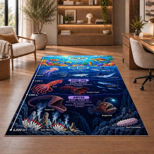 underwater ocean explorer rug displayed in a living room with wooden shelves